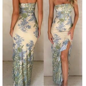 Tiger Mist Strapless Floral Dress in Blue and Green